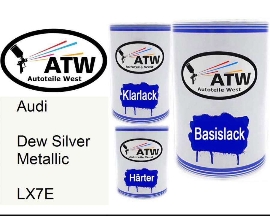 Audi, Dew Silver Metallic, LX7E: 500ml Lackdose + 500ml Klarlack + 250ml Härter - Set, von ATW Autoteile West.